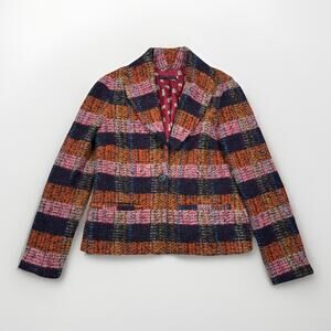 HARVEY FAIRCLOTH Wool Tweed Plaid Jacket Blazer Women's Size 6 Colorful Boho